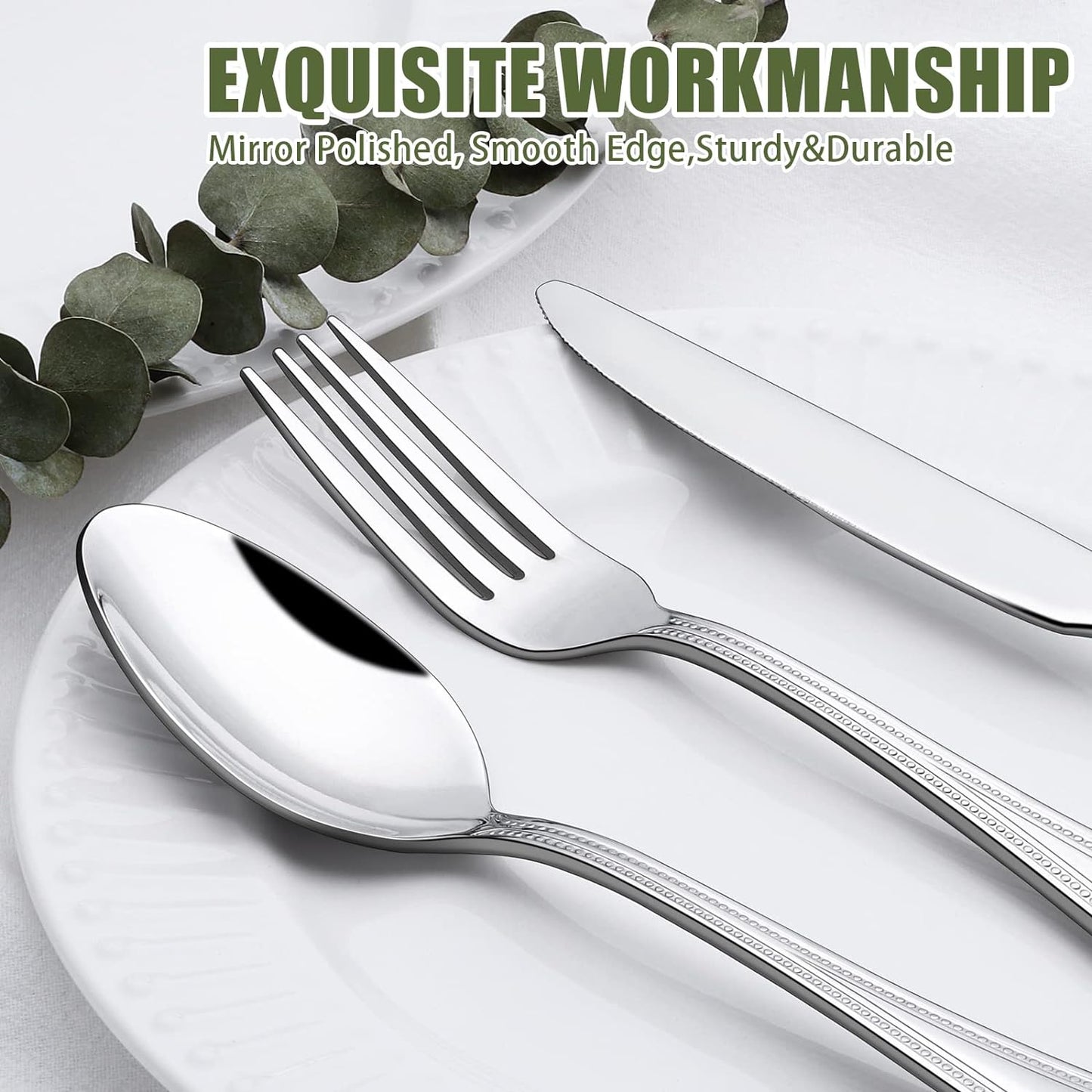 60-Piece Silverware Set for 12, Stainless Steel Flatware, Mirror Polished Cutlery Set, Utensils Include Spoons, Forks, Knives for Home, Restaurant, Beaded Handle, Dishwasher Safe