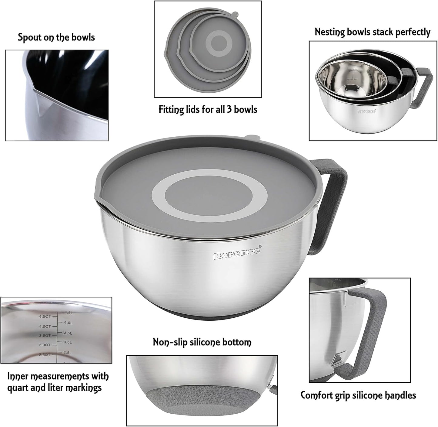 Rorence Mixing Bowls Set: Stainless Steel Non-Slip Bowls with Pour Spout, Handle and Lid - Set of 3 - Gray