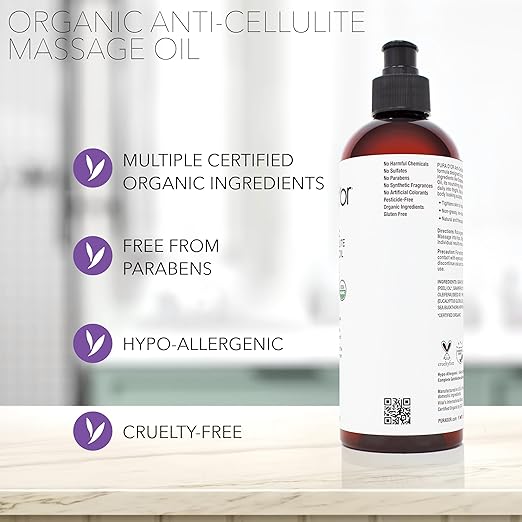 PURA D'OR 16 Oz Organic Anti-Cellulite Massage Oil - Lemon Peel, Moringa, Grape Seed, Grapefruit & Eucalyptus Oils - Skin Firming & Tightening for Active Individuals & Aging Adults