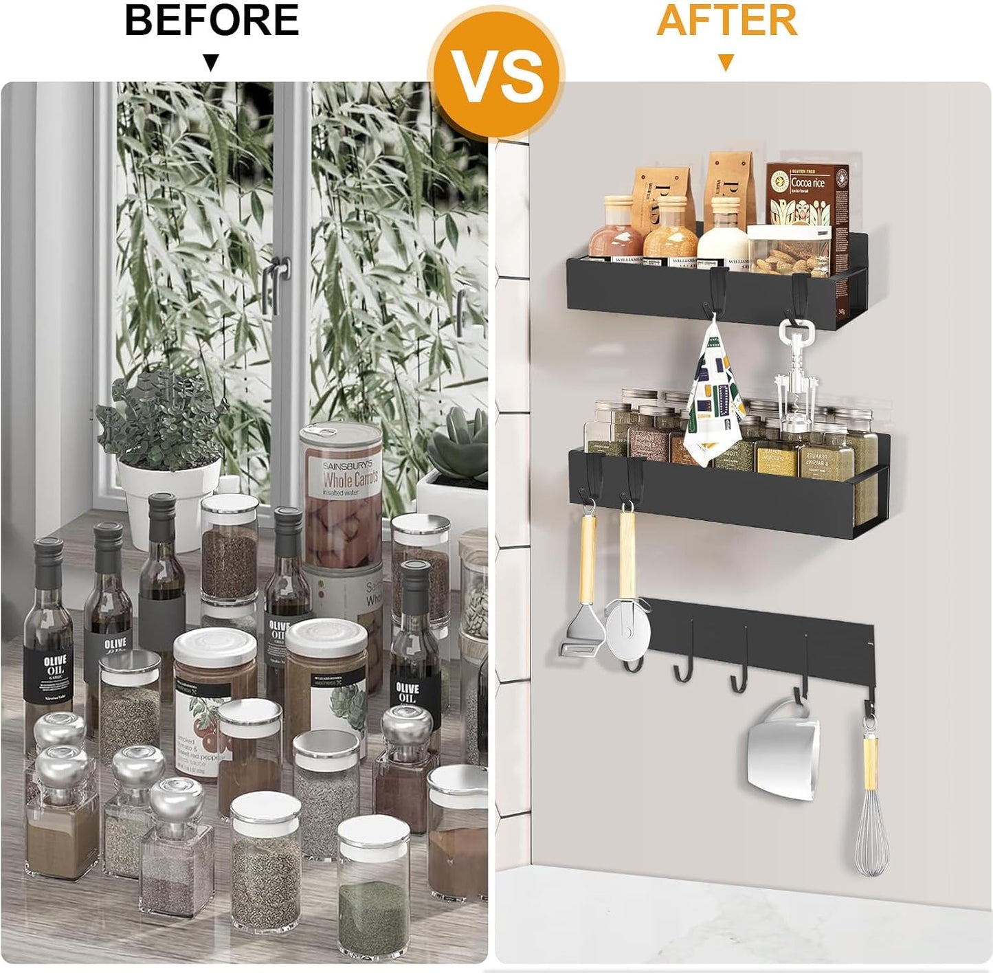 4 Pack Magnetic Spice Rack for Refrigerator,Metal Magnetic Shelf Black with Hook,Magnetic Knife Rack,4 Hooks,Space Saving for Home,Kitchen