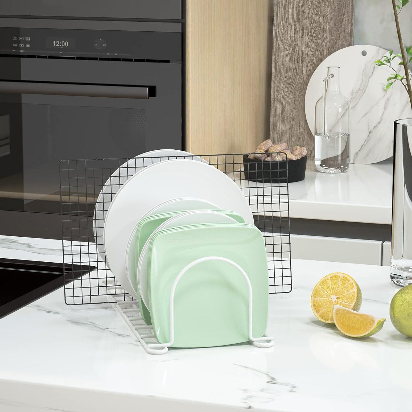 JAQ Pot Lid Rack Organizer, 10.5" Kitchenware Dividers Holder for Plates, Pans,Chopping Boards, Muffin Tins, Baking Sheets in Cabinets Shelf Countertop Pantry (White, 6-Slot)