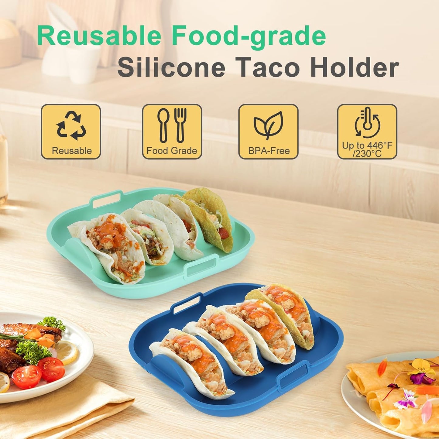 Silicone Taco Holder 2 Pack,10.2in pgrade Reusable Taco Plates with Dividers,Fiesta Tacos Holder Tray.Taco Serving Plates, Dishwasher & Microwave Safe (2, BLUE+GREEN)