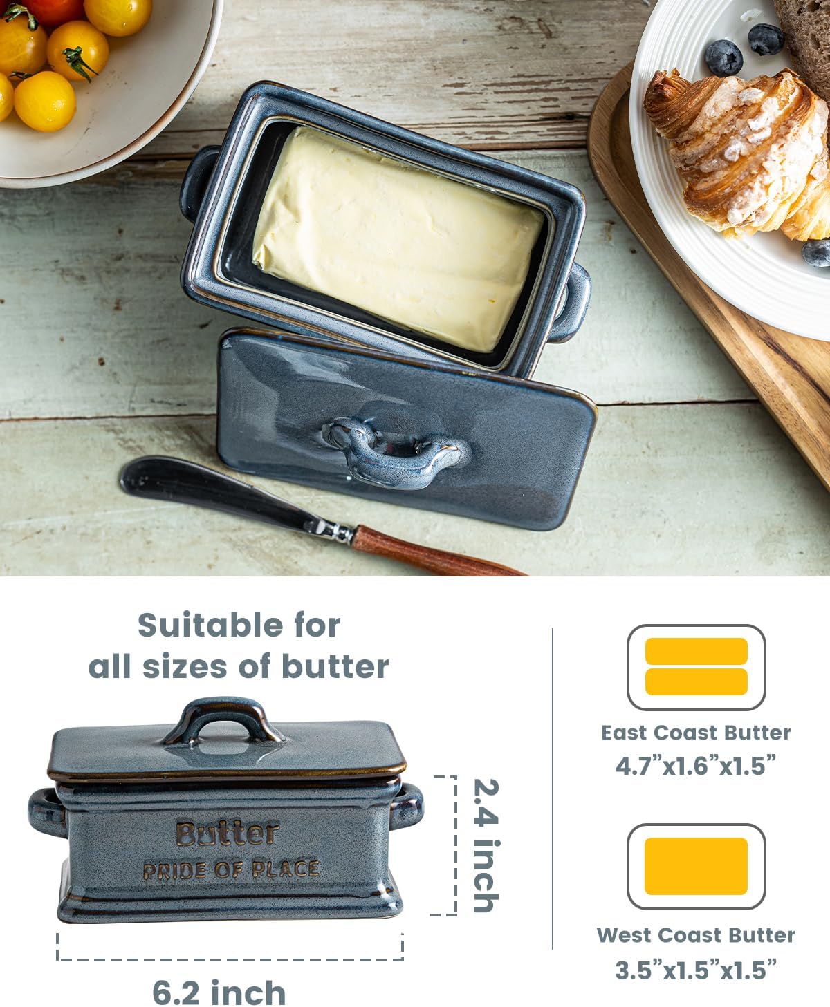 Butter Dish with Lid, Porcelain Butter Dish for Countertop Large Butter Keeper Butter Holder Container for East West Coast Butter, Blue