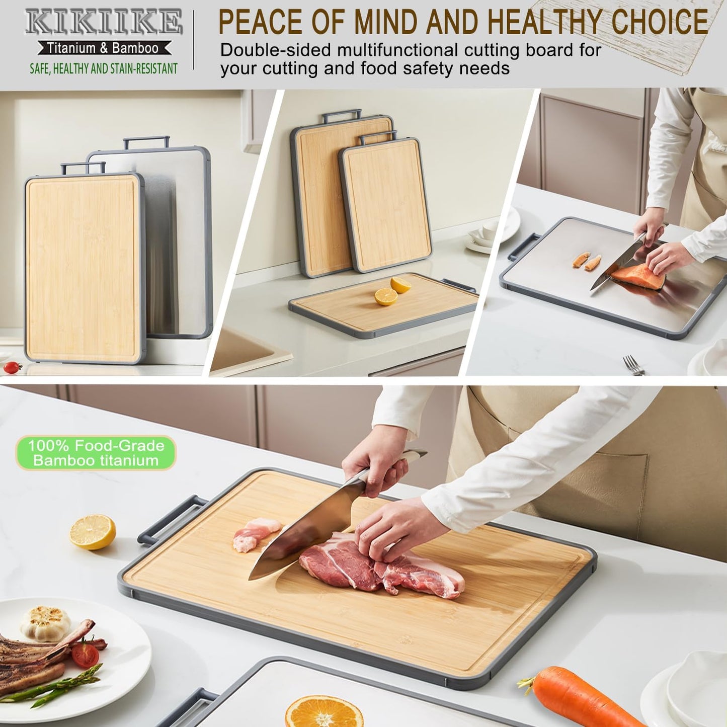 Titanium Cutting Board Double Sided Bamboo Cutting Board for Kitchen Double Sided Food Grade, Pure titanium & Bamboo Cutting Boards, Non-Stick Durable and easy to clean