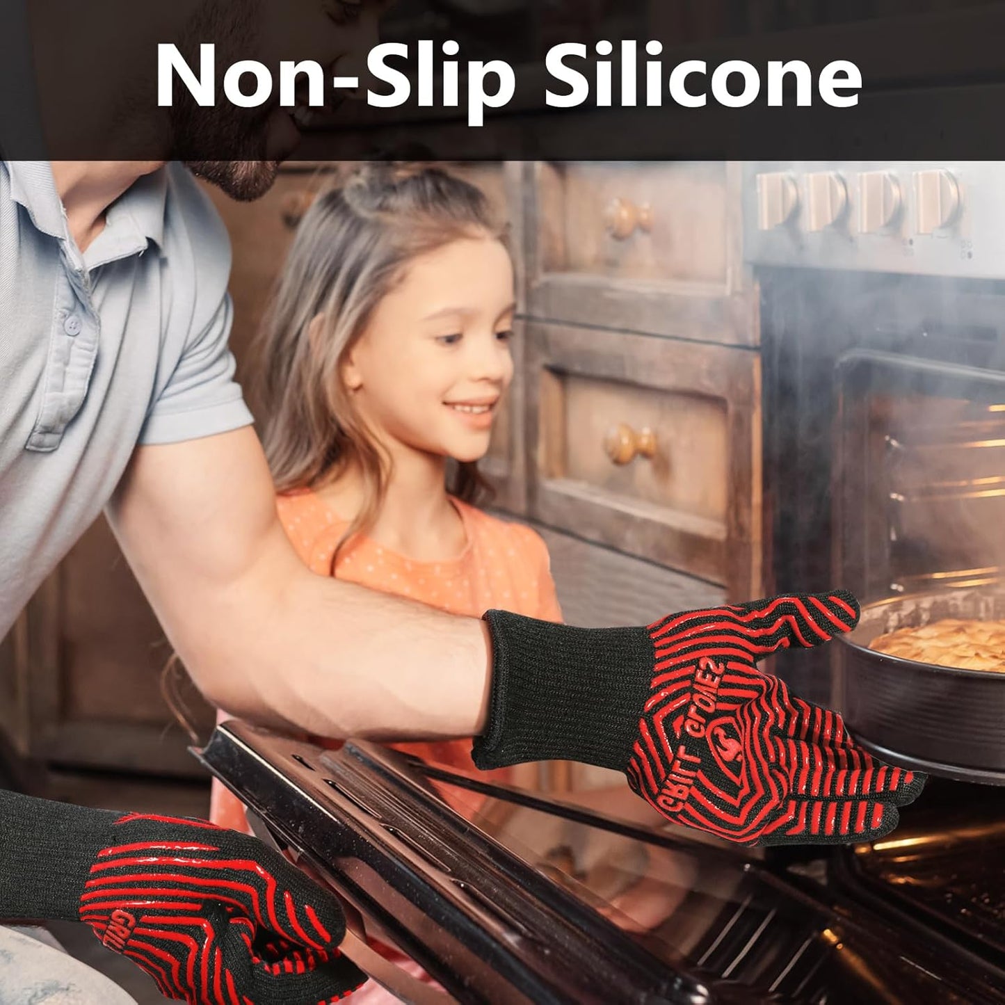 QUWIN BBQ Gloves, BBQ Accessories 1472℉ Extreme Heat Resistant, Grilling Gloves Silicone Non-Slip Oven Mitts, Kitchen Gloves for BBQ, Grilling, Cooking, Baking-1 Pair 11inch, Red