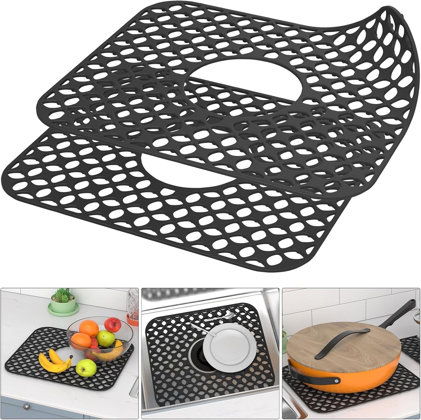 TOOVEM Kitchen Sink Mats, 2PCS Non-Slip Heat Resistant Silicone Sink Protector Mat, Folding Farmhouse Rear Drain Sink Mats (Type2: Center Drain, Black)
