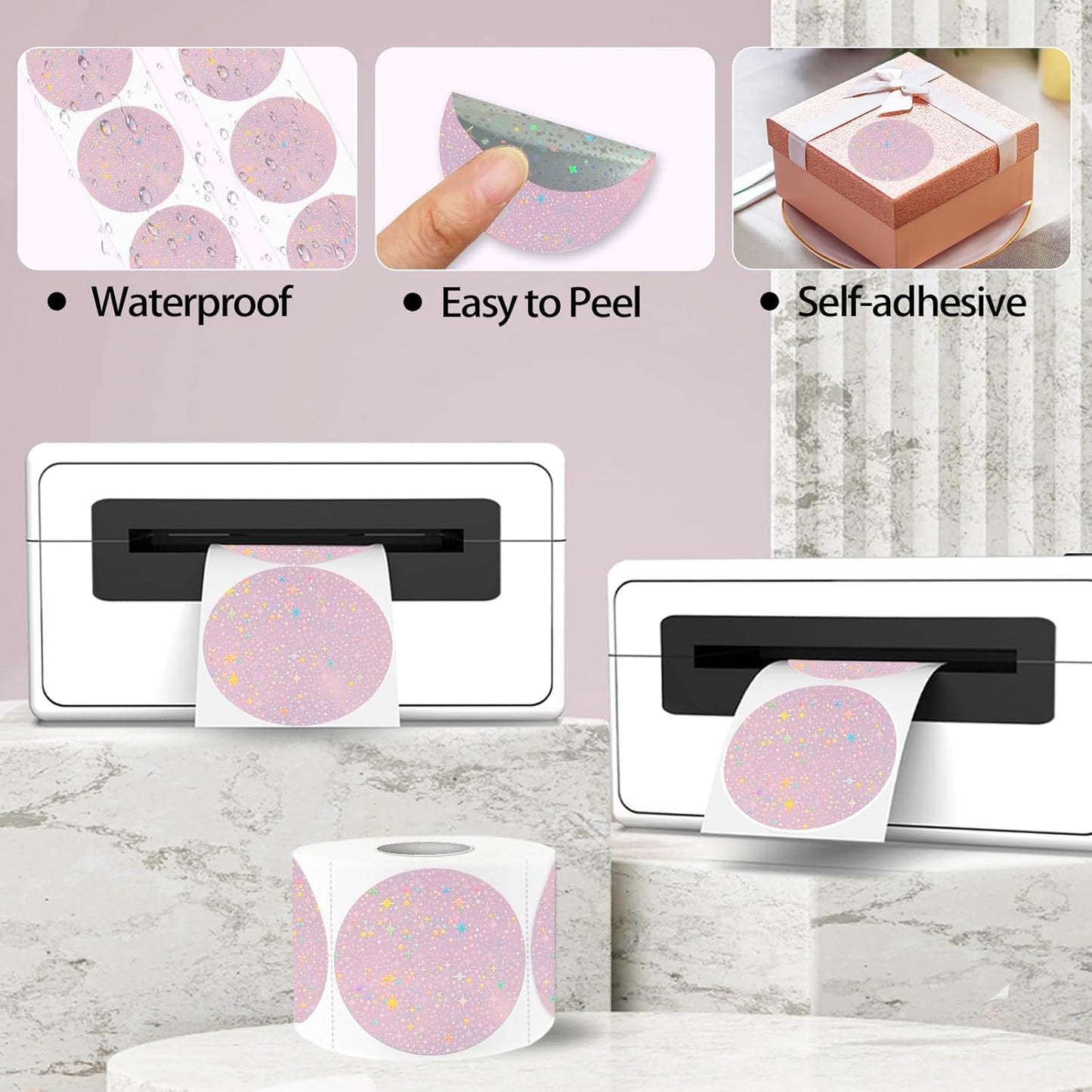 2''Holographic Thermal Label,Round Self-Adhesive Direct Thermal Label,Thermal Stickers for DIY Logo Design,Name Tag (300/Roll Pink Starry Sky