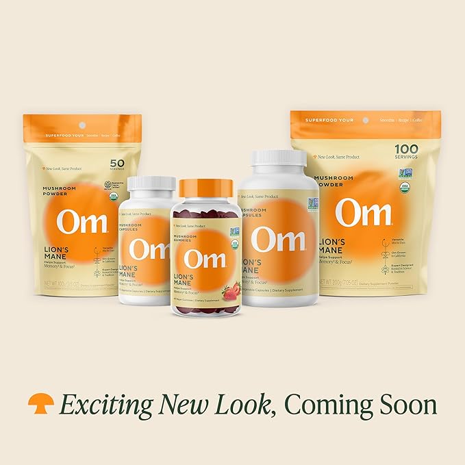 OM MUSHROOM SUPERFOOD Lion's Mane Organic Mushroom Powder, Improves Memory, Focus, Clarity, Nerve Health, and Mood Support, 7.05 oz, 100 Servings