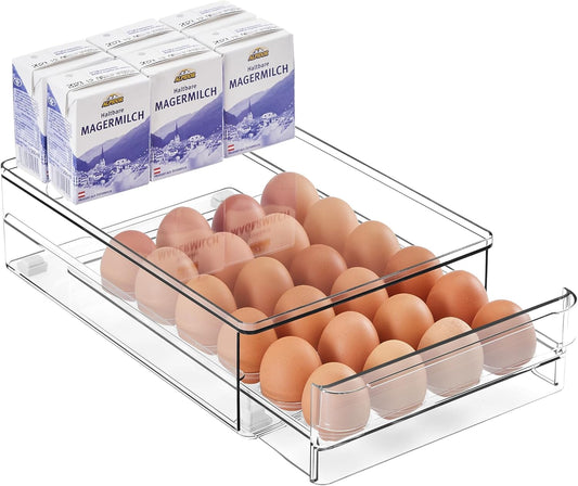 vacane 24 Egg Drawer for Fridge, Pull Out Egg Storage Container with Non-Slip Pads Refrigerator Organizer Bins Clear Egg Holder, Egg Tray-Bpa Free Egg Organizer