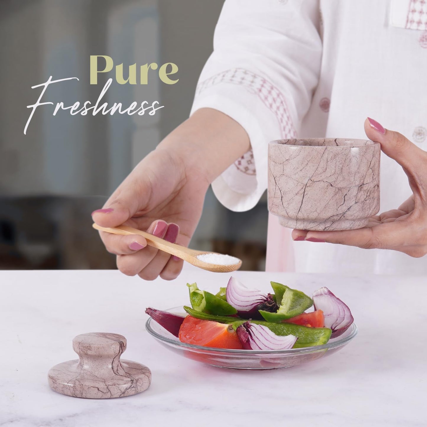 Marble Salt Cellar with Lid 3" Marinara Stone Salt Holder for Counter, Spice Jar, Salt Box, & Stone Salt Container, Salt & Spice Jar