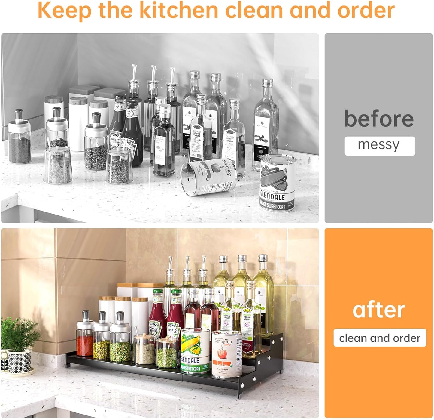 Premium Spice Rack Organizer for Countertops - 3-tier space-saving kitchen organizer for spice jars, oil bottles and utensils 1 Pack Black (modern rust-resistant design)