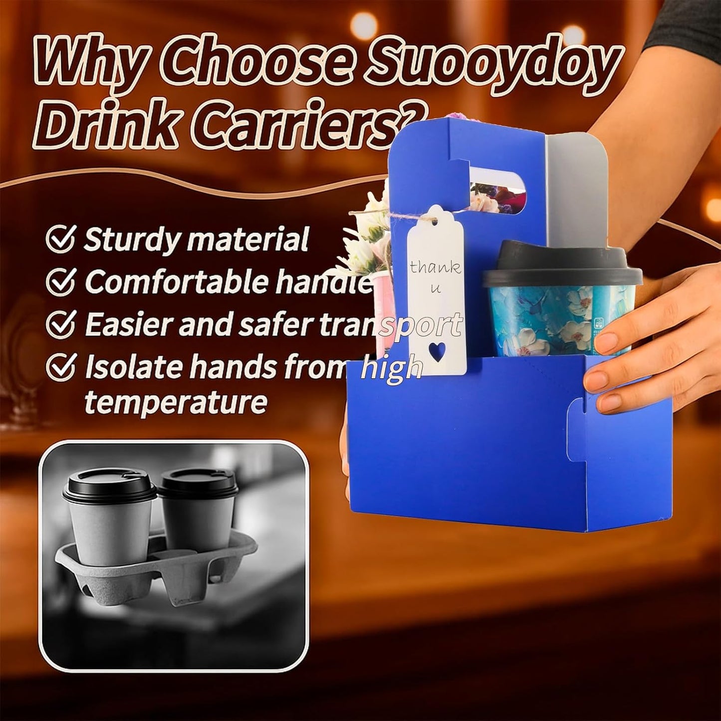 30 Pack 2 Cup Disposable Drink Carrier with Handle Paperboard Coffee Cup Holder Portable for Hot Cold Drinks Food Delivery Services with Heart Card for Teacher Appreciation Week Mother's Day