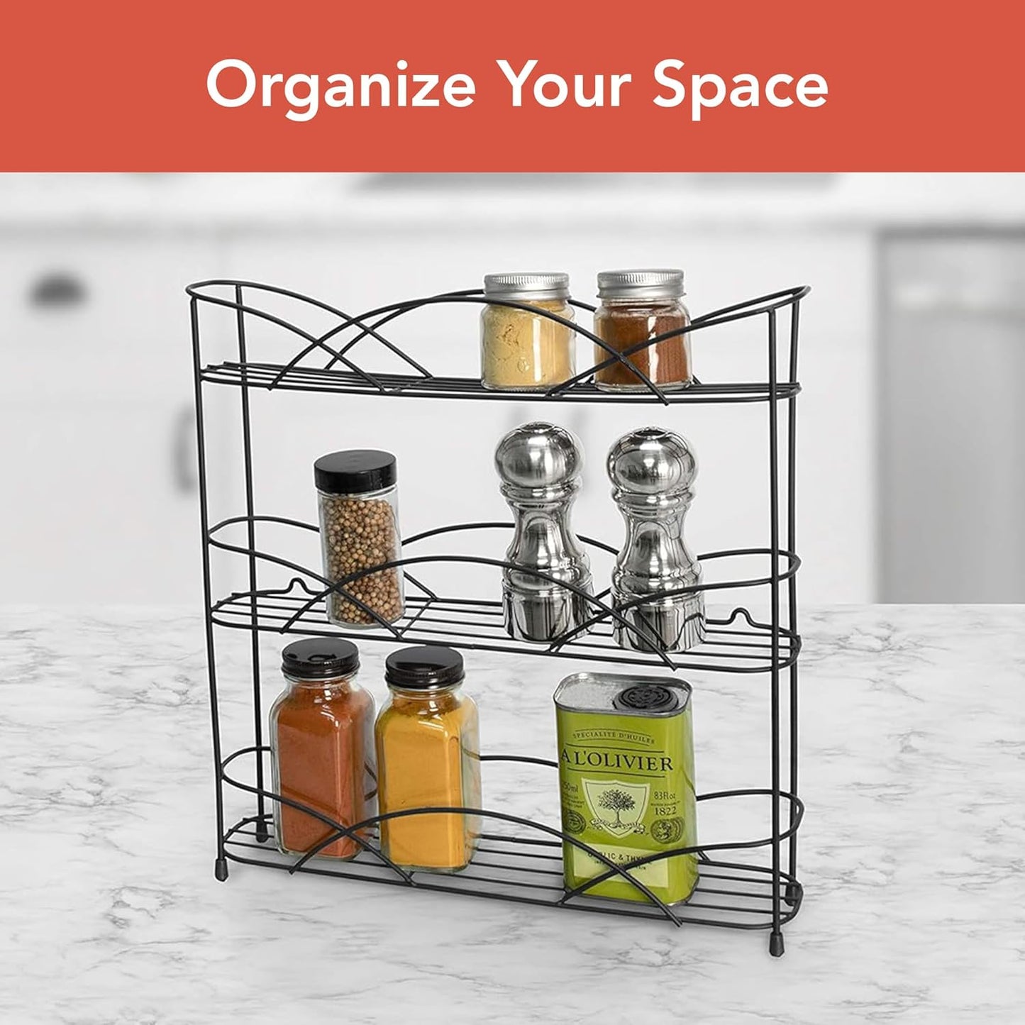 Spectrum Diversified 3-Tier Spice Rack Shelf Organizer for Kitchen Countertop, Pantry, Bathroom, or Closet with Optional Wall Mount, Black