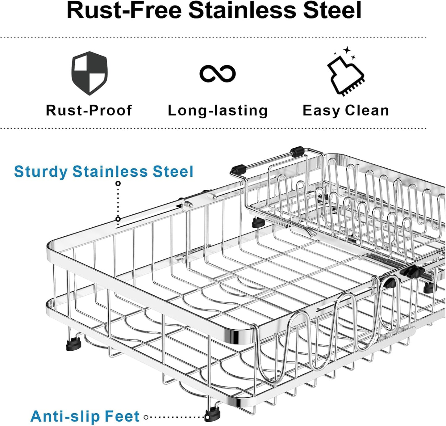 GSlife Large 2-in-1 Dish Drying Rack Set - Expandable Stainless Steel Dish Racks for Kitchen Counter & Sink, Full Size Dish Drainer with Absorbent Drying Mat Cup Holder, 16.5"-21.5" L x 15" W, Silver