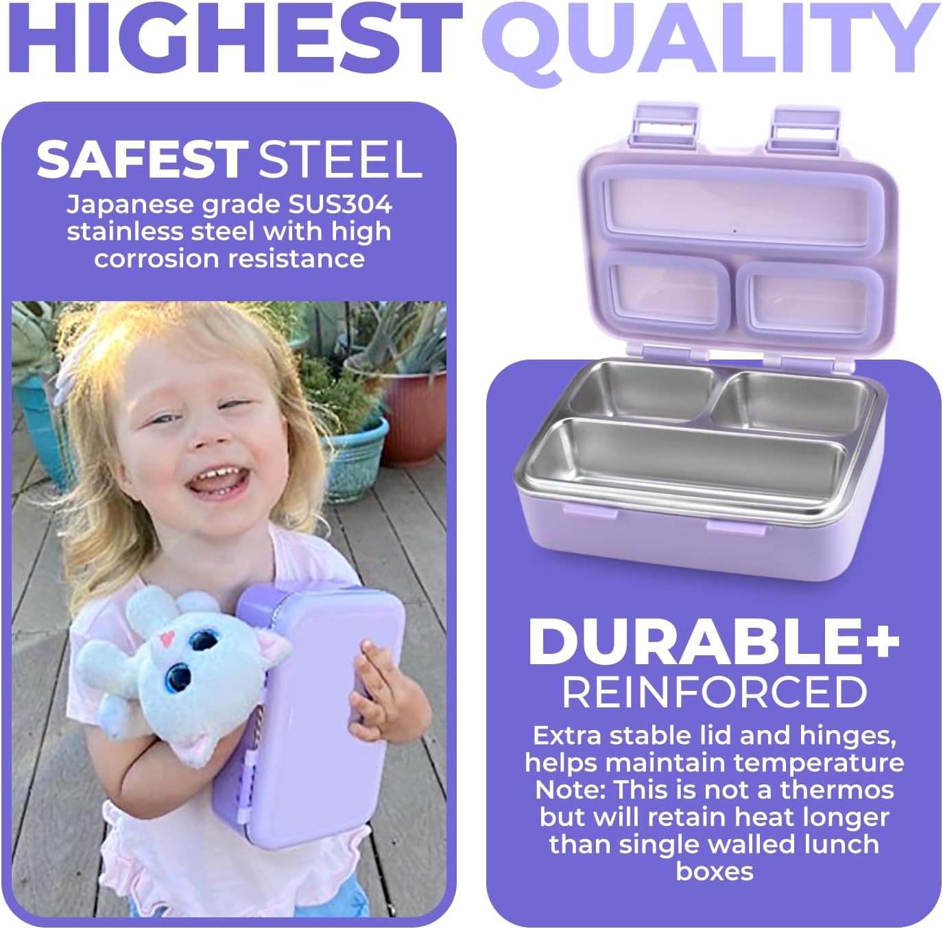 Small Stainless Steel Lunch Box for Baby Toddlers Girls, Mini Bento, 3 Eco Metal Portion Sections Leakproof Lid, Pre-School Daycare Lunches, Toddler Spill-Proof Snack Container, 18 oz/550 mL Purple