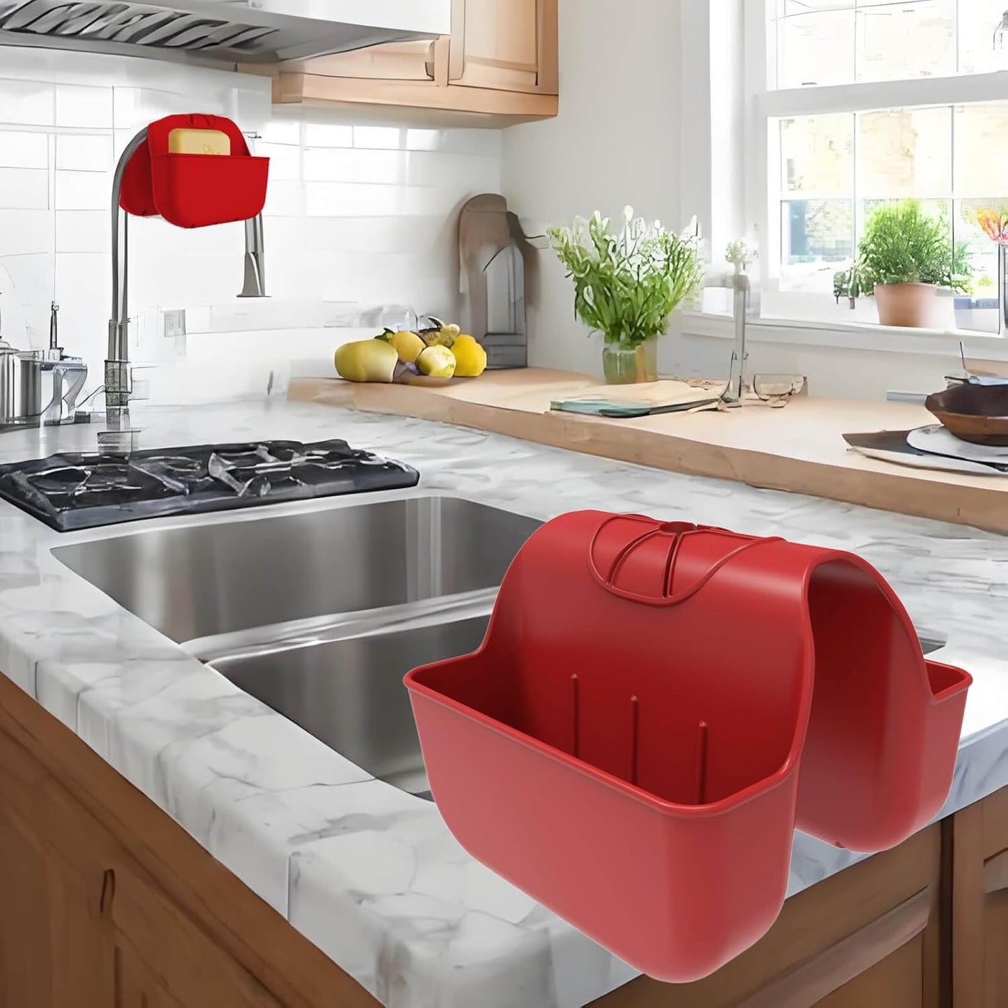 Sponge Holder for Kitchen Sink, Silicone Sink Saddle Caddy Organizer Rack, Sponges Holder Over Faucet, Hanging Kitchen Organizer Accessories Rack Basket Red
