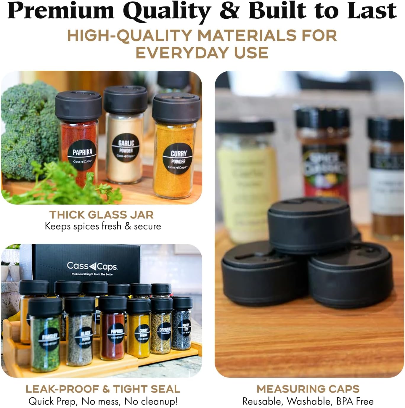 Glass Spice Jars & Measuring Cap Set - Twist to Dispense 1/4 Tsp Per Turn for Precise Cooking - Spice Jars with Lids Keep Kitchen Organized & Tidy - Enjoy Round Spice Jar Without Mess- 6 Pack