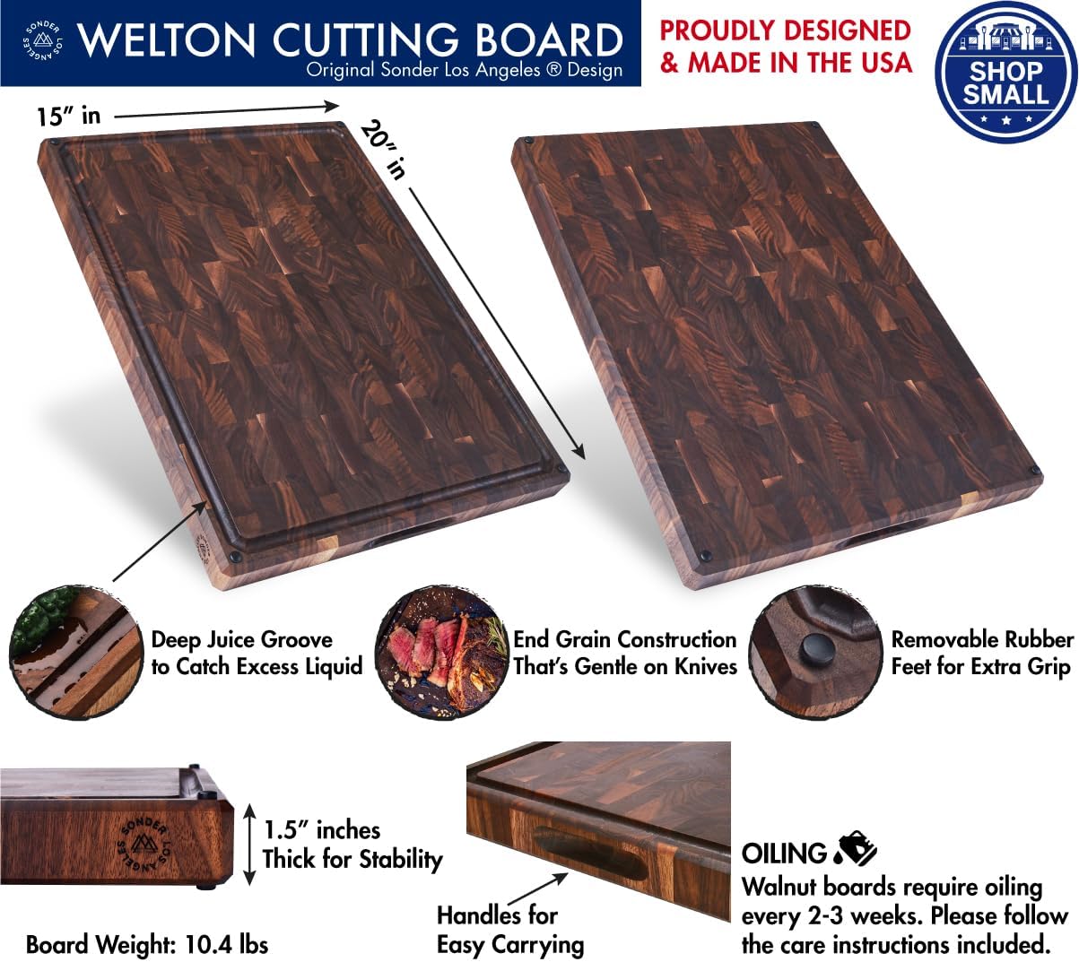 Sonder Los Angeles, Made in USA, Large Thick End Grain Walnut Wood Cutting Board with Non-Slip Feet, Juice Groove for Kitchen 20x15x1.5 in (Gift Box Included)