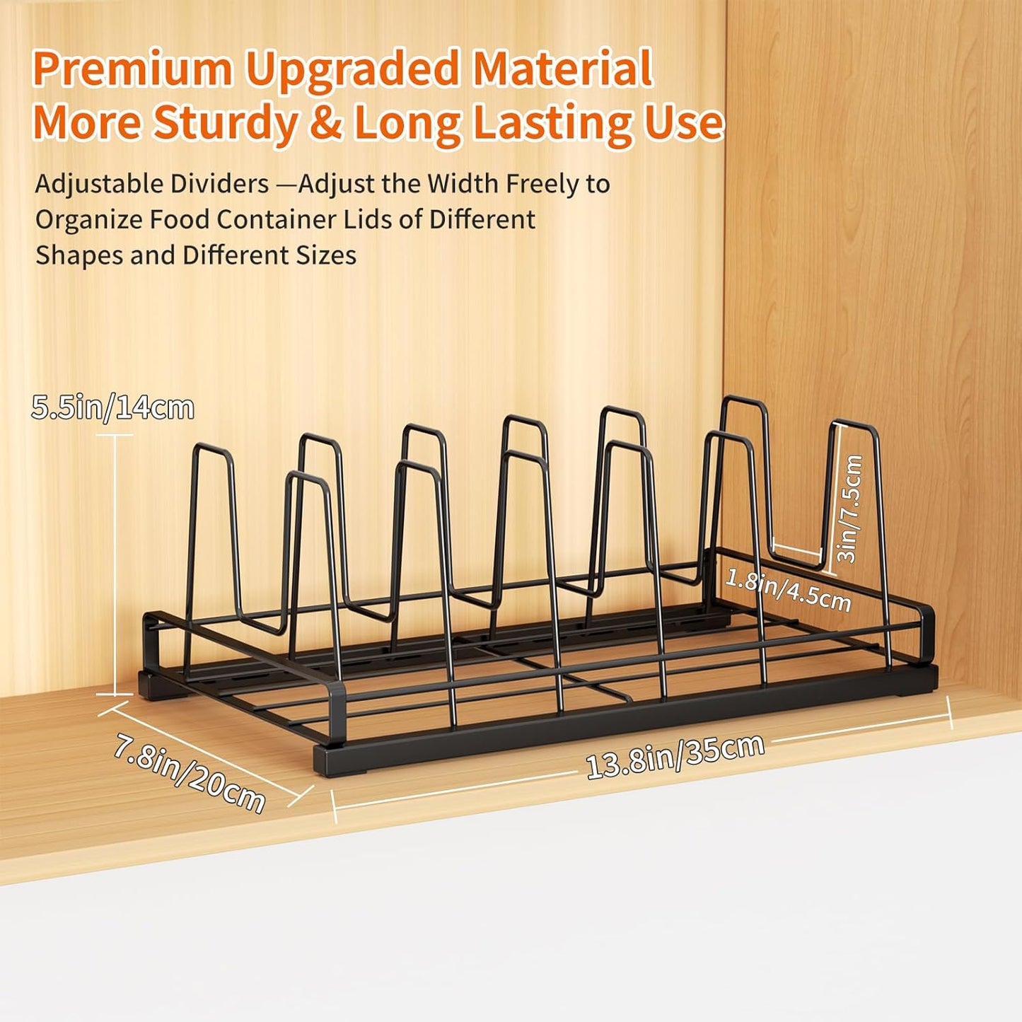 Food Container Lid Organizer for Cabinet, 6 Adjustable Dividers Metal Pot Lid Organizer, Pots and Pans Organizer Under Cabinet Storage Plastic Lids Pots Cookie Sheets for Cabinets, Cupboards, Drawers