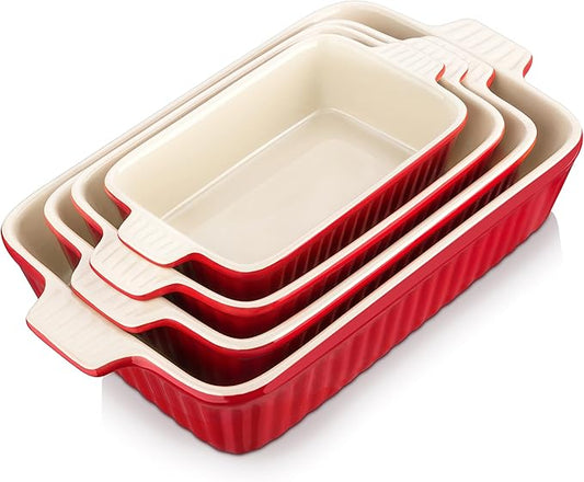 Bakeware Set of 4, MALACASA Porcelain Baking Pans Set for Oven, Casserole Dish, Ceramic Rectangular Baking Dish Lasagna Pans for Cooking Cake Pie Dinner Kitchen, Red (9.5"/11.25"/12.75"/14.5")