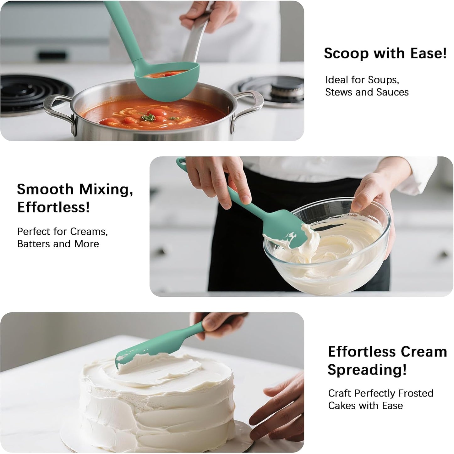 Coukre Silicone Kitchen Cooking Utensils Set with Holder – Heat-Resistant, Food-Grade Kitchen Tools, Spatula, Spoon & Gadgets for Non-Stick Pans, Dishwasher Safe (14, PureAquaGreen)