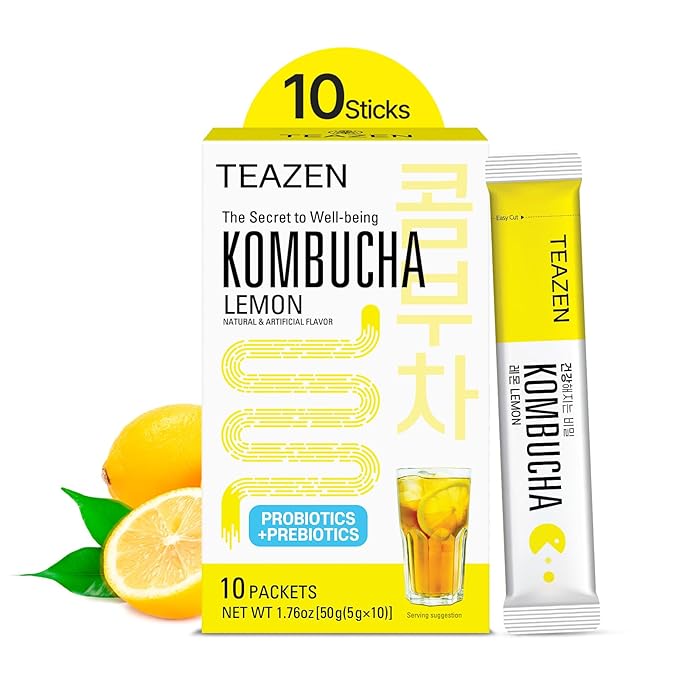 TEAZEN Lemon Kombucha Tea, Hydration Drink Mix, Sugar Free, Live Probiotics & Prebiotics, 10 Sticks, 1.76oz