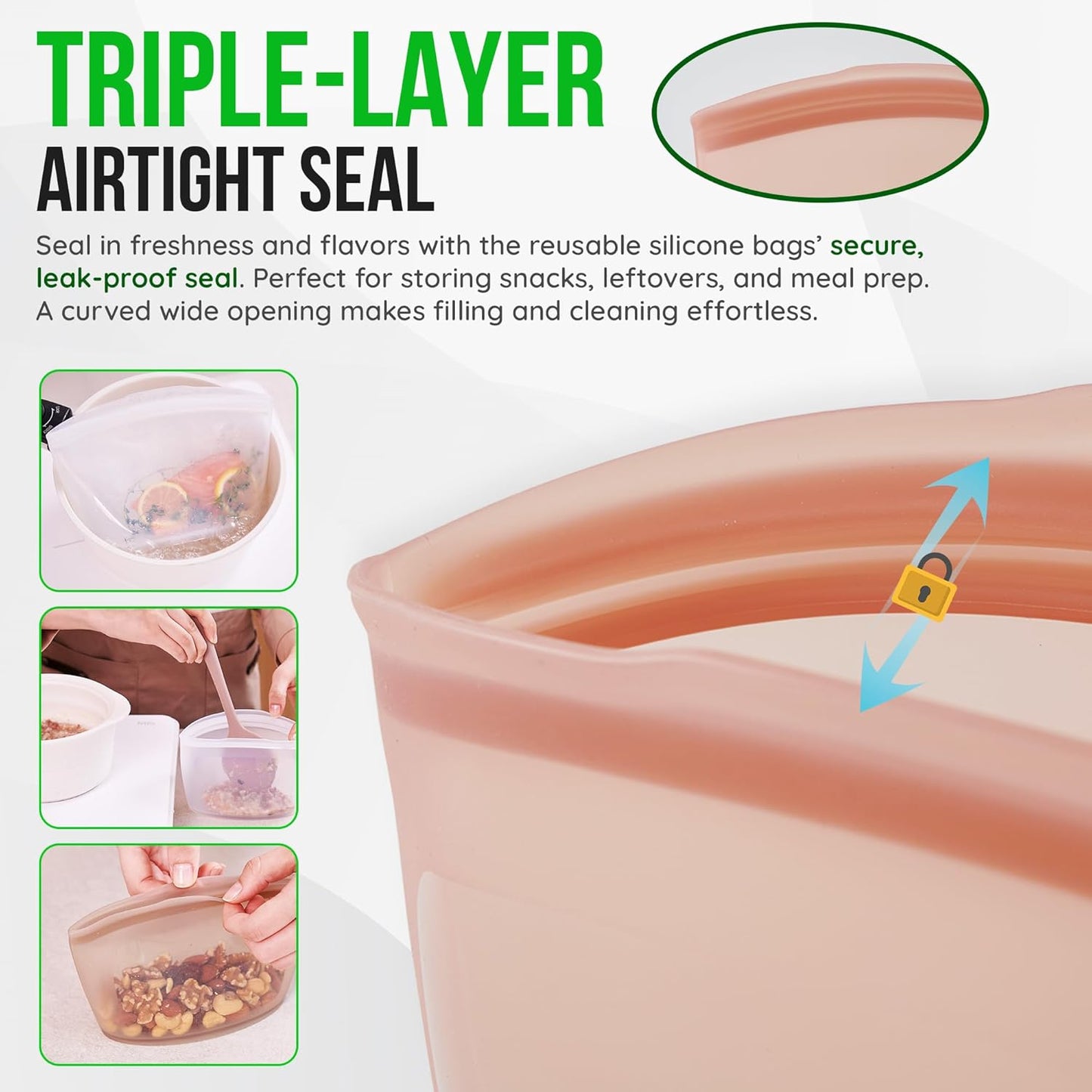 Reusable Silicone Food Storage Bags 2.1Cup (17oz), Airtight food Storage Containers Food Grade Silicone Snack Bags, BPA Free Food Storage Container, Microwave Safe, Sous Vide Container, Dry Rose