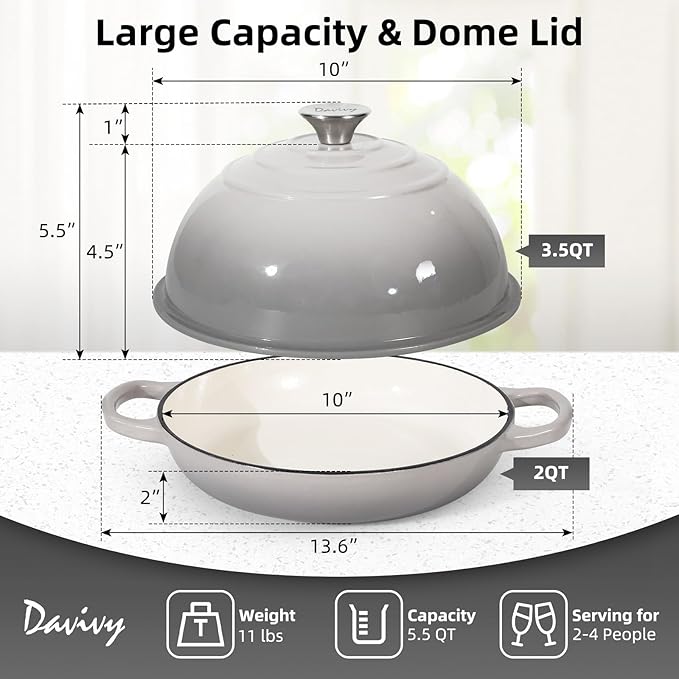 Davivy 5.5QT Cast Iron Dutch Oven with Lid, Bread Dutch Oven for Sourdough Bread, 10" Round Sourdough Bread Baking Pan, Enameled Cast Iron Bread Oven - Light Grey