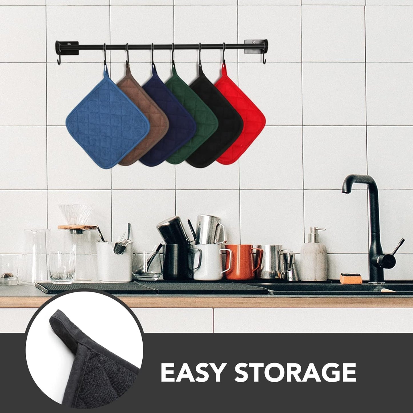 Joyhalo 6 Pack Pot Holders for Kitchen,Cotton Oven Holder with Great Heat Resistance,Non Slip Hot Pads for Kitchen Clearance,Black