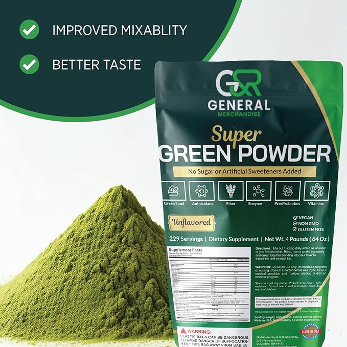 Super Greens Powder Superfood Organic, 229 Servings Digestive Enzymes, Probiotics & Vitamins Vegetables (Wheatgrass, Spirulina & more), Fruits, 4 Pounds(64oz).