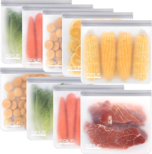 SPLF 9 Pack Reusable Gallon Freezer Bags, BPA Free 1 gallon Leakproof Silicone and Plastic Free Food Storage Bags for Meal Prep, Fruits, Sandwich, Snack, Travel Items