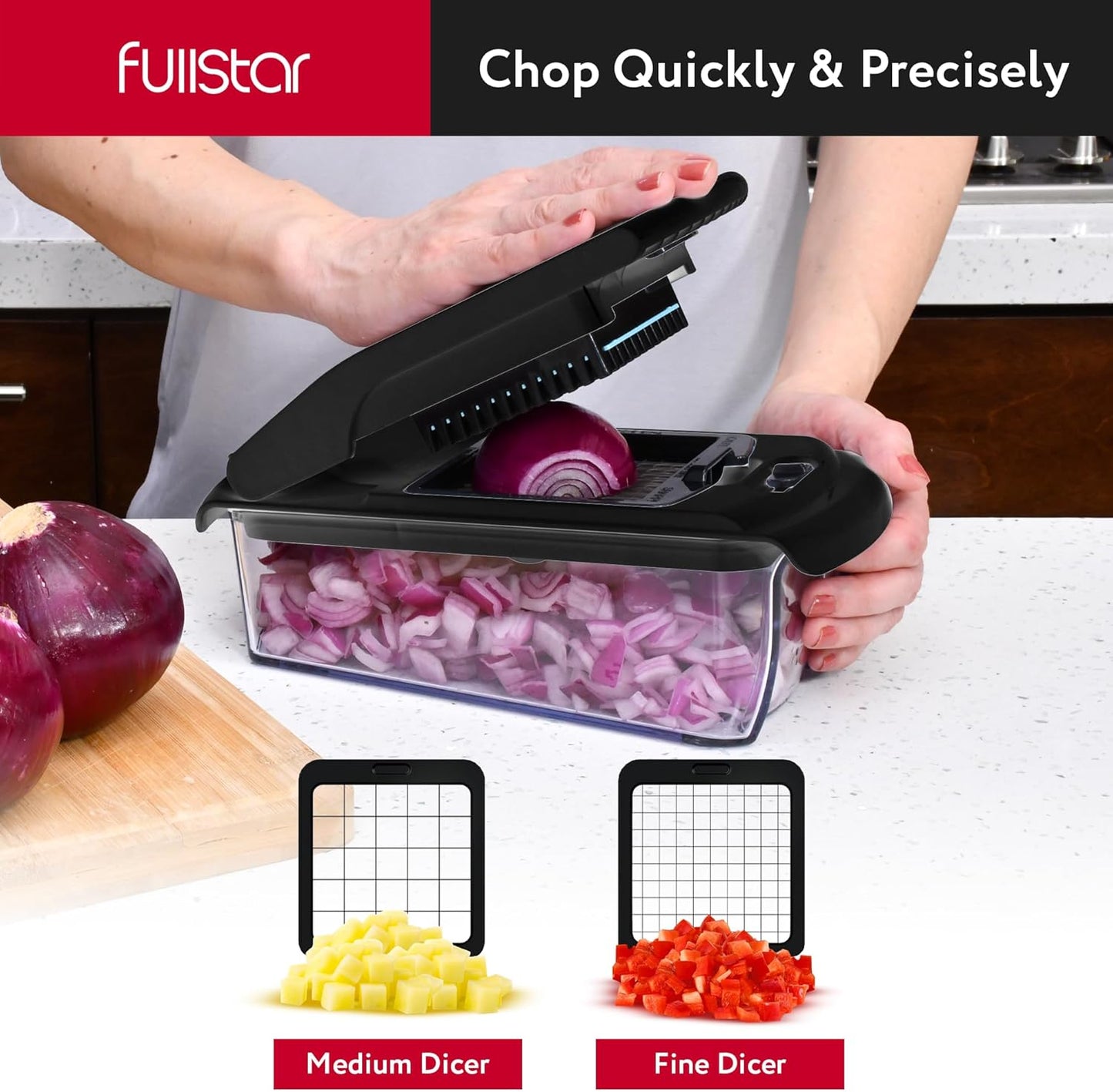 Fullstar Vegetable Chopper & Mandoline Slicer for Kitchen - Food Chopper with Container, Cheese Grater, Home Essentials & Kitchen Gadgets (All in 1, Black)