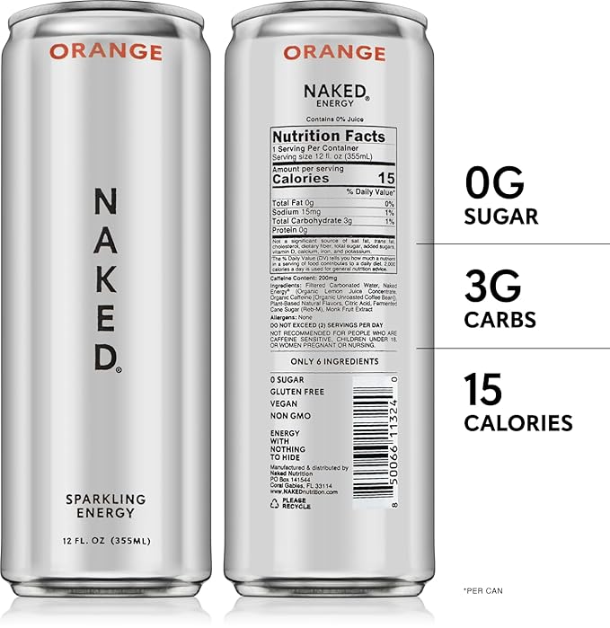 Naked Sparkling Energy Drink - Orange, Organic Caffeine, Organic Lemon Juice, Zero Sugar, No Sucralose, Naturally Sweetened, Natural Energy Drinks, Vegan, Gluten-Free, Non-GMO - 12oz Cans (Pack of 12)