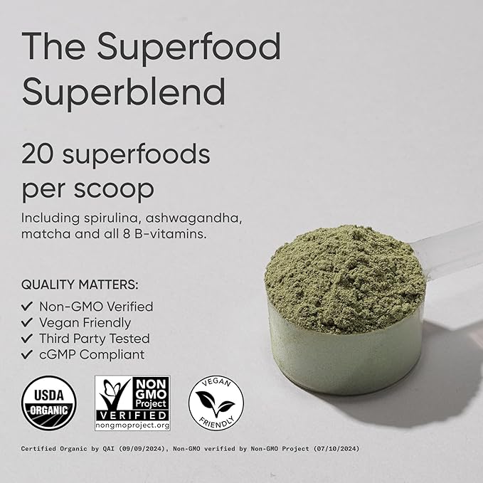 Sports Research® Organic Greens Superfood Powder w/Spirulina & Chlorella, Adaptogens, Enzymes, Probiotics & 8 VIT Bs for Gut & Mood Support* - Vegan, Sugar-Free & Low-Cal Original 20 Servings