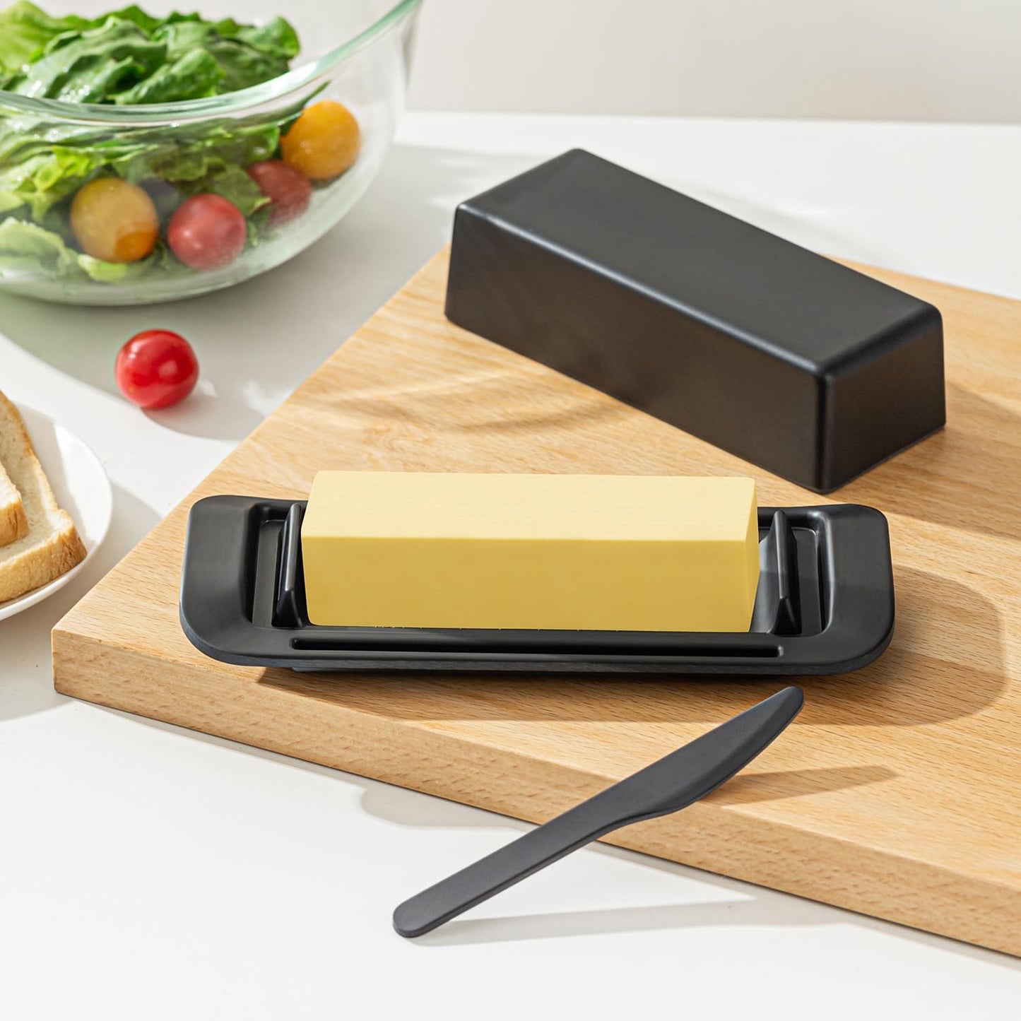 Butter Dish with Lid for Countertop, Butter Dish with Knife, Butter Keeper for Kitchen or Fridge, Bamboo Fiber Butter Tray, Butter Holder for 1 Stick Butter, BPA-free, Dishwasher Safe(Black)