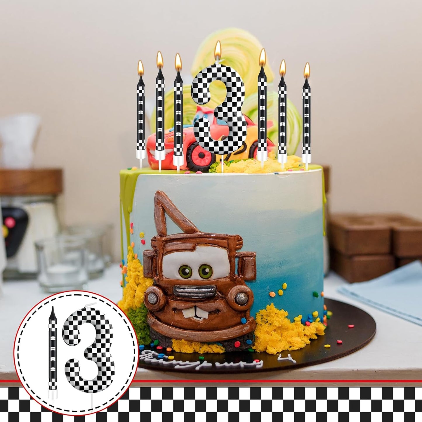 13 Pcs Racing Cars Themed Birthday Candles Black and White Race Number 3 Checkered Candle Cake Topper for Racing Car Party Decoration Supplies (Number 3)