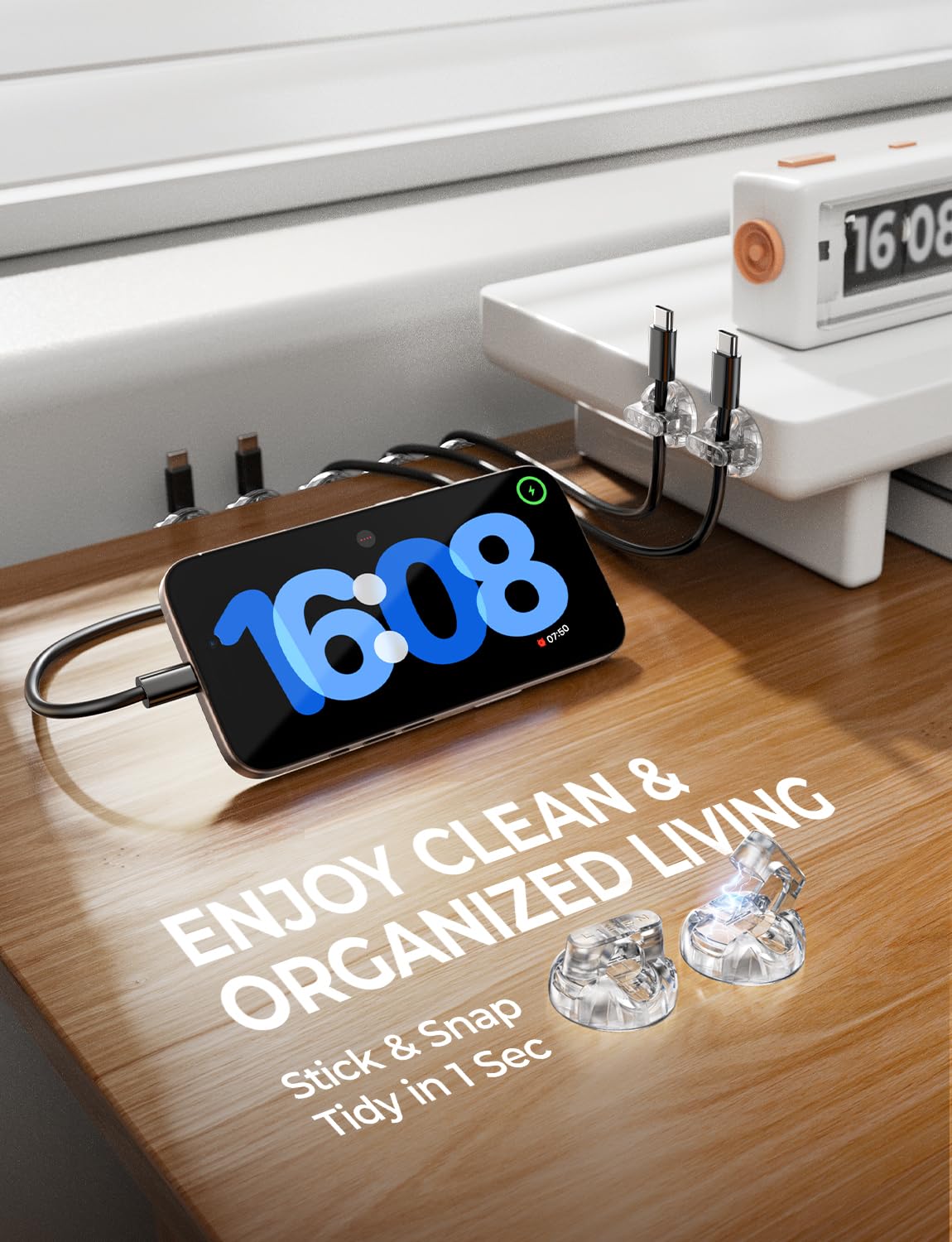 8-Pack Magnetic Cable Clips [1S Snap-On] Cord Holder, LISEN Desk Organizers and Accessories with 4 Extra Strong Adhesive Pads, Wire Organizer for Nightstand, Home, Wall, Car, Desktop,Transparent