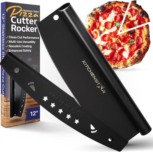 KitchenStar 12-Inch Pizza Cutter Rocker Blade - Sharp Stainless Steel Slicer Knife, Protective Cover, Black Nonstick, Small - Professional Pizza Oven Accessories