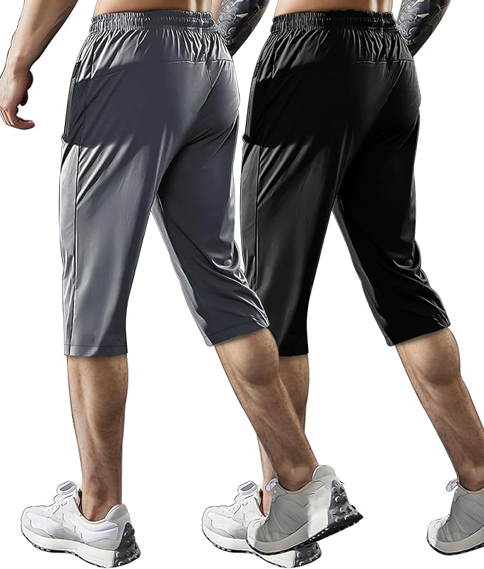 Men's Capri Pants 3/4 Joggers Gym/Workout/Hiking Below Knee Long Shorts Lightweight Quick Dry with Zipper Pockets