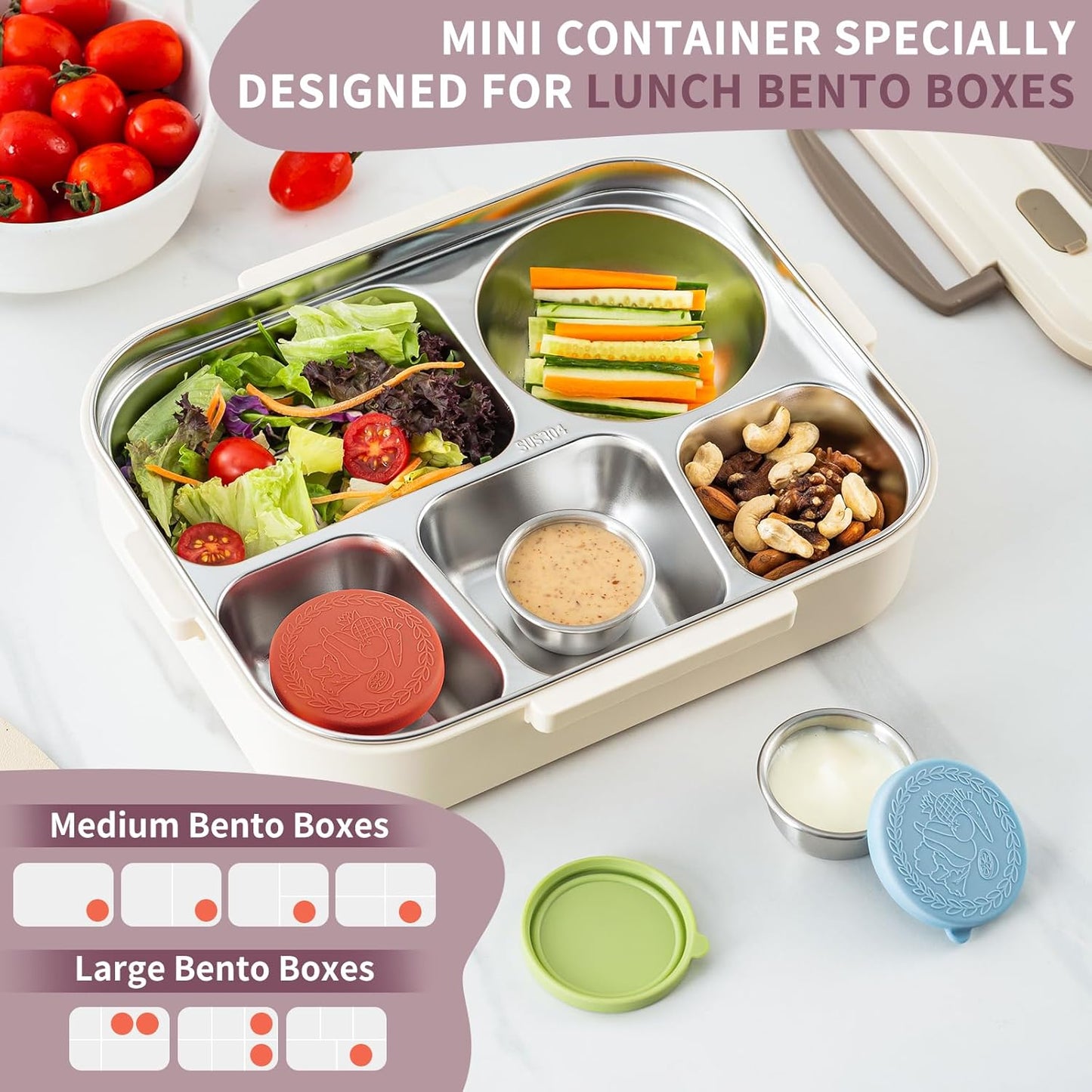 8 Pack - 1.6 Oz Small Salad Dressing Containers To Go, Leakproof Condiment Containers with Lids Reusable Stainless Steel Sauce Cups for Lunch Boxes Kitchen Storage Picnics Travel Meal Prep