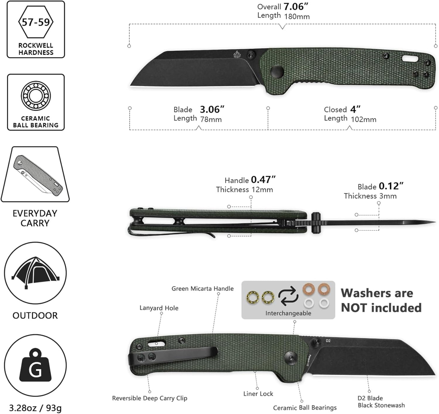QSP Penguin V2 Folding Pocket Knife, 3.06" D2 Black Stonewash Blade EDC Knife, Green Micarta Handle, Liner Lock, Ceramic Ball Bearings, Reversible SS Deep Carry Clip