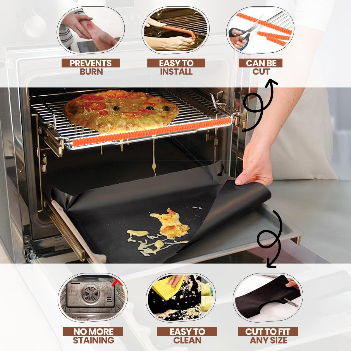 Oven Liners for Bottom of Oven Black (2-pack) Bundled with Rack Shield (2-pack) - Large Mat for Bottom of Range (17"x 25") and 22" Orange Stove Guards for Racks - Reusable & Heat Resistant