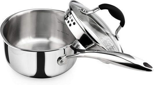 AVACRAFT Tri-Ply Stainless Steel Saucepan with Glass Strainer Lid, Two Side Spouts, Ergonomic Handle, Multipurpose Sauce Pan with Lid, Sauce Pot, Cooking Pot (Tri-Ply Full Body, 1.5 Quart)