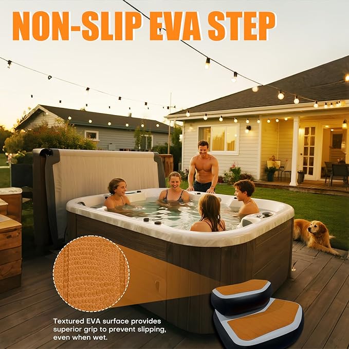 Inflatable Hot Tub Steps with EVA Non-Slip Surface, Drop Stitch Detachable 2-Piece Spa Stairs for Jacuzzi and Bathtub, Portable Durable Steps for Indoor and Outdoor Hot Tub, 37" × 32" × 15.7"