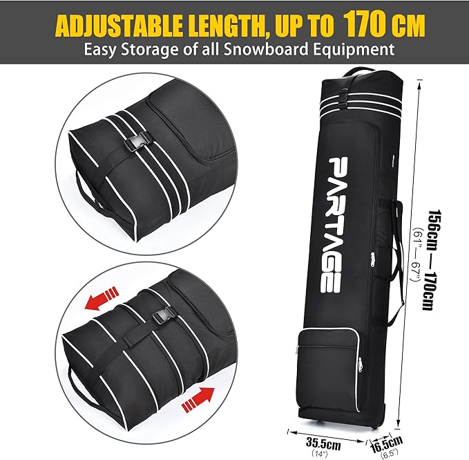 Partage Snowboard Bag with Wheels, Snowboard Bag for Air Travel, Adjustable Length Up to 170 cm, 600D Water Resistant Oxford -Black