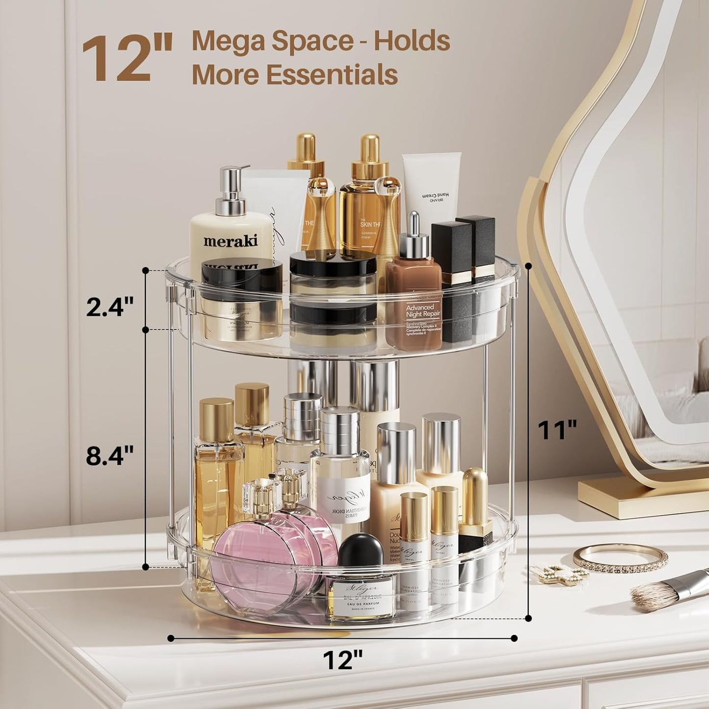 LAMU 12inch 2 Tier Lazy Susan Turntable Organizer Rotating Spice Rack Organization for Cabinet, Kitchen, Pantry, Countertop, Bathroom, Vanity, Medicine Cabinet Organizer, Clear