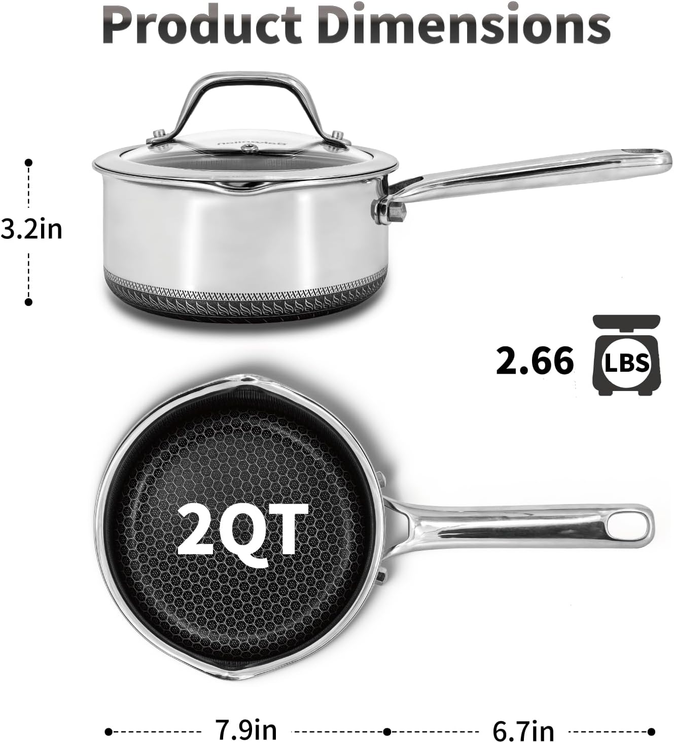 Hybrid Nonstick 2 QT Saucepan with Lid, Stainless Steel Honeycomb Pot with Two Pour Spouts,Compatible with All Cooktops,Dishwasher and Oven Safe