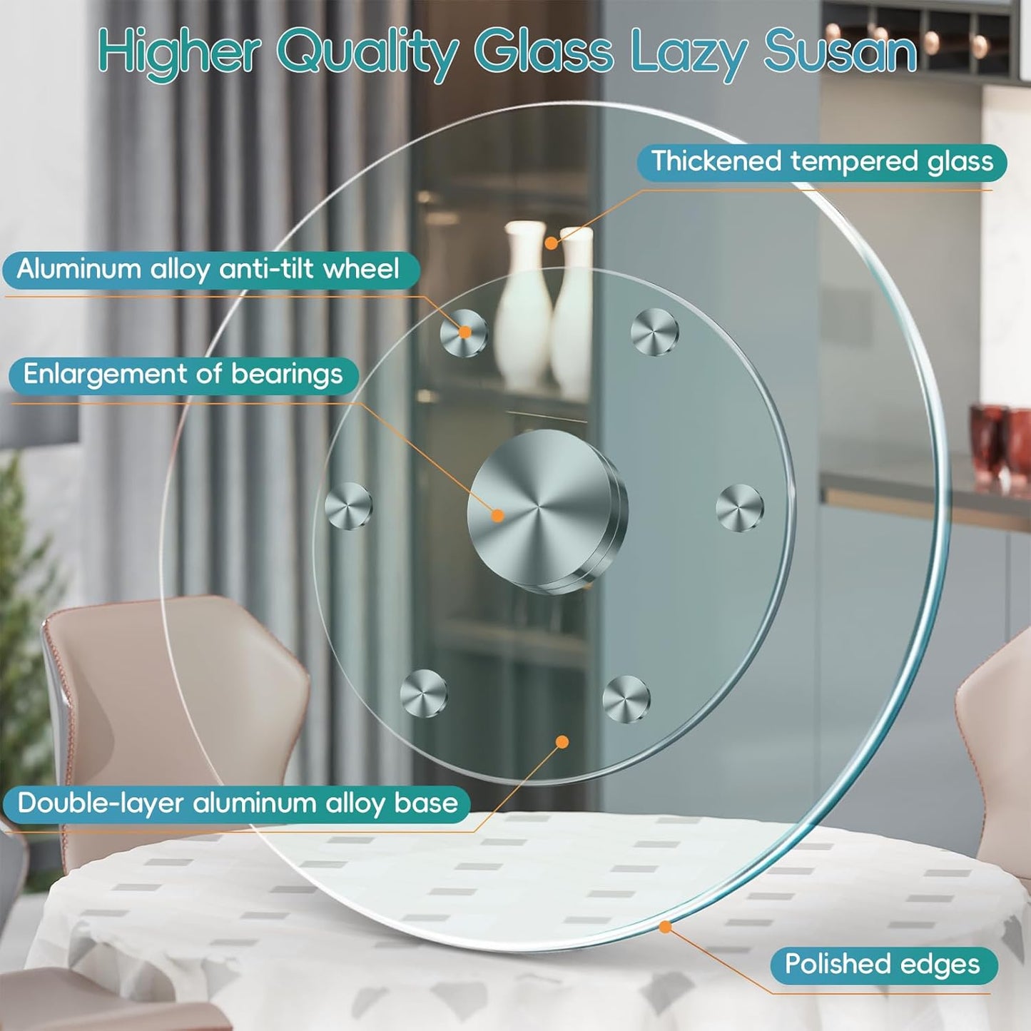 20" Large Lazy Susan for Dining Table Kitchen Glass Turntable with Aluminum Alloy Bearing, Smooth Swivel
