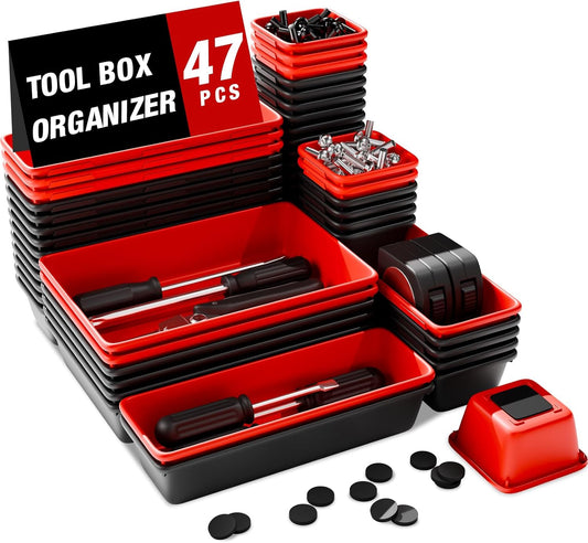 Toolbox Organzier Trays, Tool Chest Drawer Organizer with EVA Pads – 47pcs Black and Red Interlocking Trays for Workbench, Rolling Cart, Garage (Red & Black 47PCS)