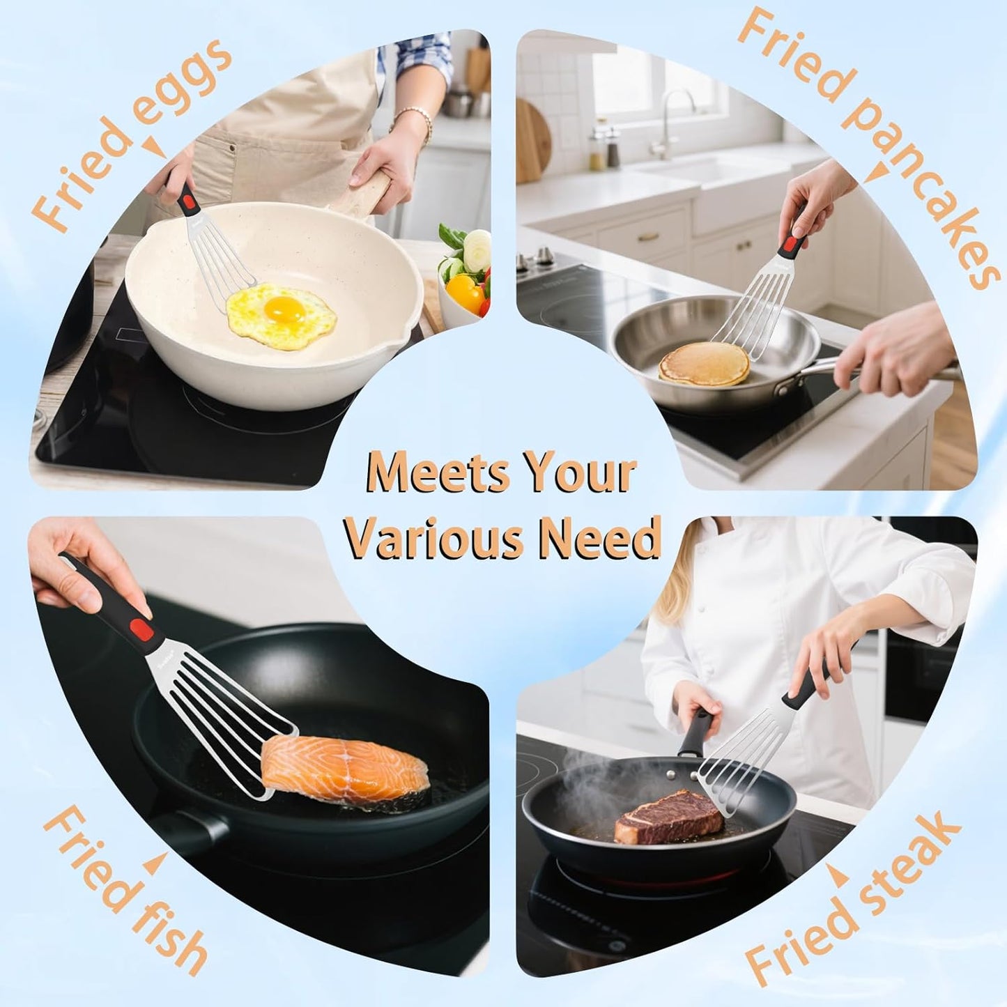 Fish Spatula Stainless Steel, Flexible Metal Spatulas with Silicone Handle, Slotted Turner for Kitchen, Cooking, Grilling, Flipping, Turning, Egg, Pancake and Burger (Large, 12.2 Inch)